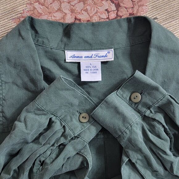 Vintage Anna and Frank Blouse Womens Large Green 100% Silk Long Sleeve Shirt - Picture 9 of 11